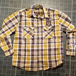 Men's Plaid Button-Down Shirt in Yellow and Brown